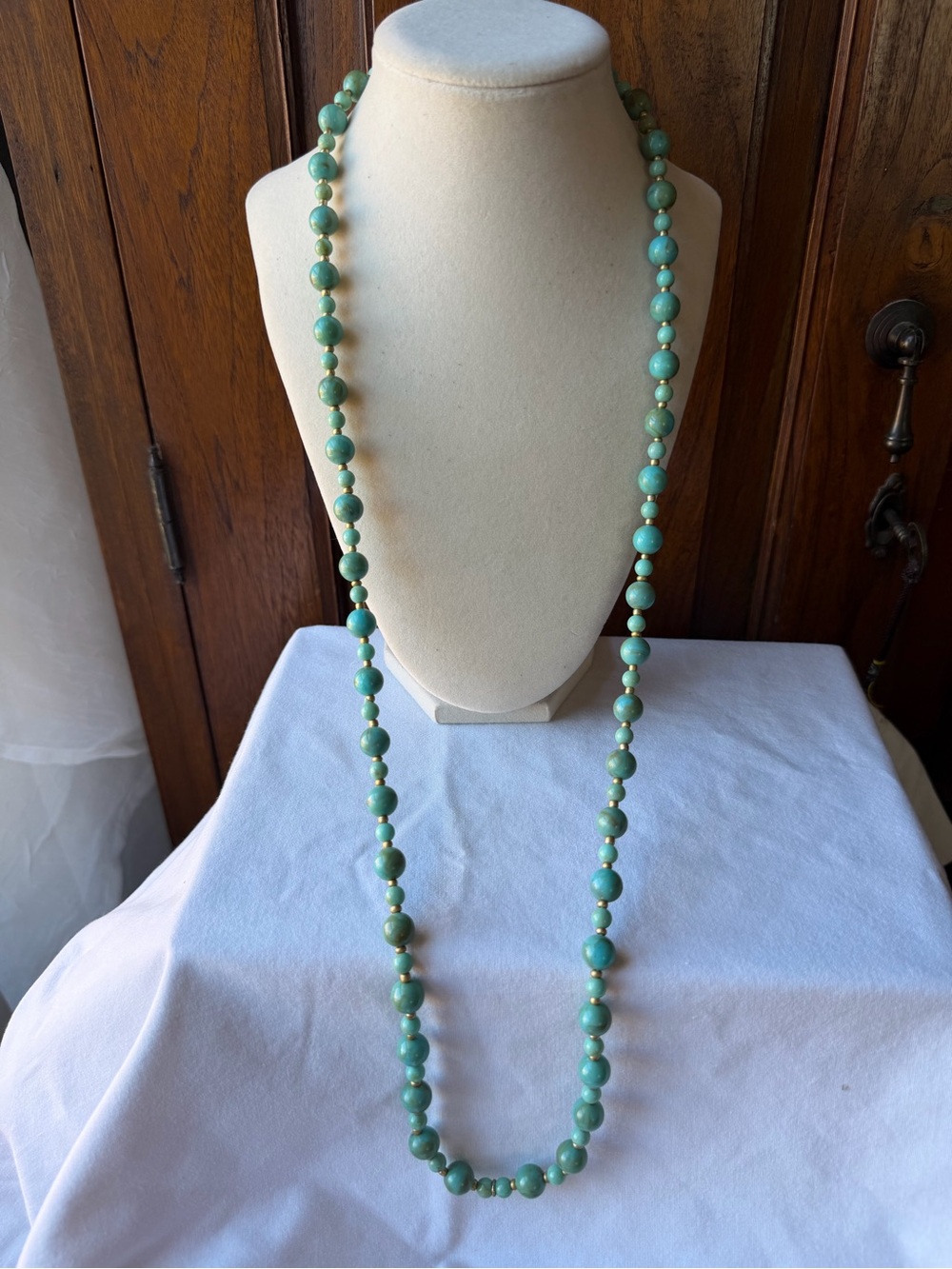 Vintage Turquoise Color Marbled Bead Necklace Gold Tone Long Strand